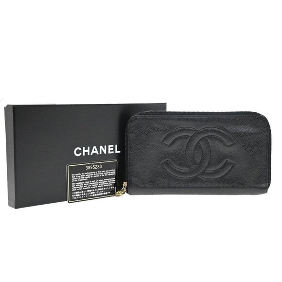 CHANEL CC Logo Zipper Long Wallet Grained Calfskin Leather Black Vintage - Picture 1 of 16